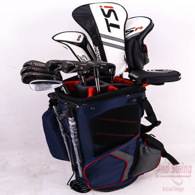 Complete Set of Men's Titleist Adams TaylorMade Golf Clubs + Datrek Stand Bag - Right Hand Stiff Flex Steel Shafts