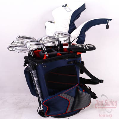 Complete Set of Men's TaylorMade Adams Cobra Callaway Cleveland Golf Clubs + Datrek Stand Bag - Right Hand Stiff Flex Steel Shafts