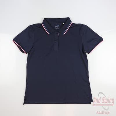 New Womens Puma Pique Tipped Polo Small S Navy Blue MSRP $70