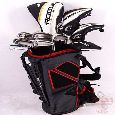 Complete Set of Men's Cleveland Titleist Nickent Callaway TaylorMade Golf Clubs + Datrek Stand Bag - Right Hand Stiff Flex Steel Shafts