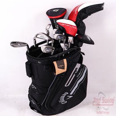 Complete Set of Men's TaylorMade Callaway Cleveland Golf Clubs + Callaway Stand Bag - Right Hand Stiff Flex Steel Shafts